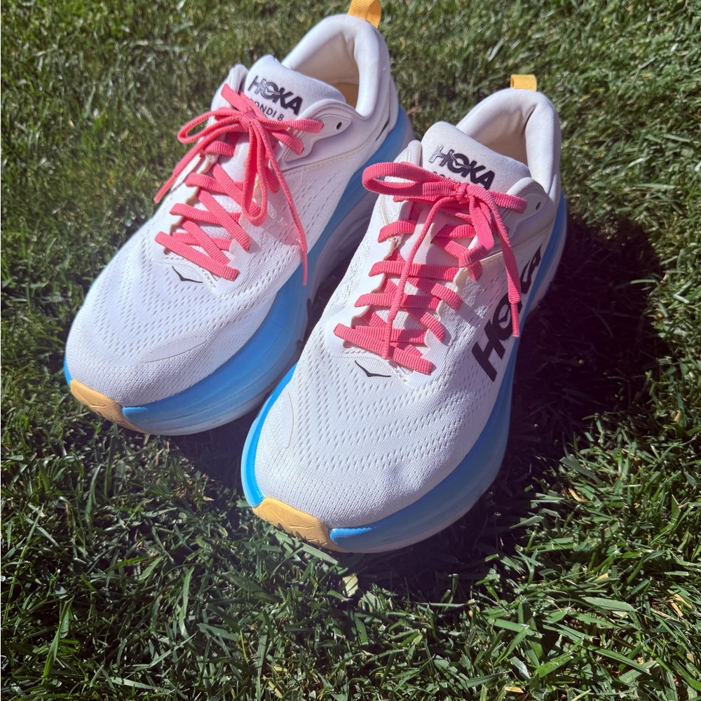 Hoka Bondi 8 Women's Sneakers in White with Pink and Blue Highlights